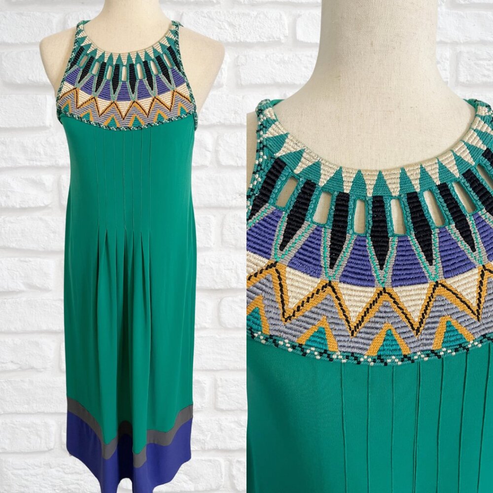 Ranna Gill Embroidered Woven Neckline Maxi Dress Sleeveless Green Blue Sz Small
